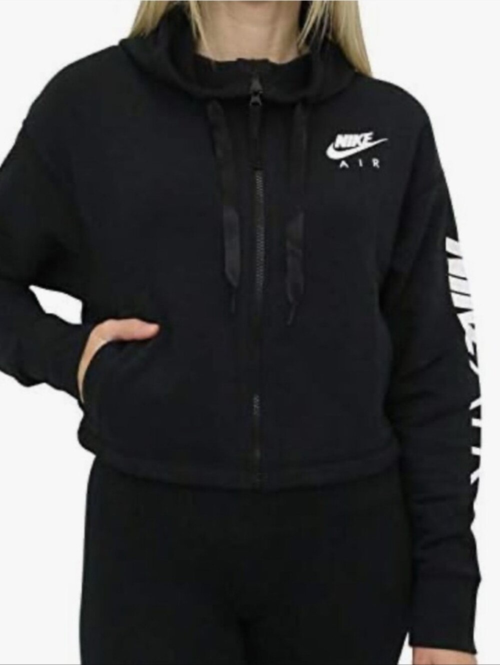 NIKE Black Cropped Zip Front Hoodie NIKEAIR Graphics Size XL